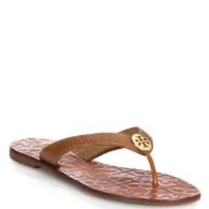 Tory Burch Brown Gold Thora Leather Thong Flip Flop Sandals Cognac Size 10